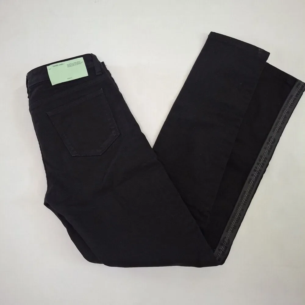 Off White Virgil Abloh Black Denim Slim Fit Jeans 28 Logo Tape Side Stripe ITALY